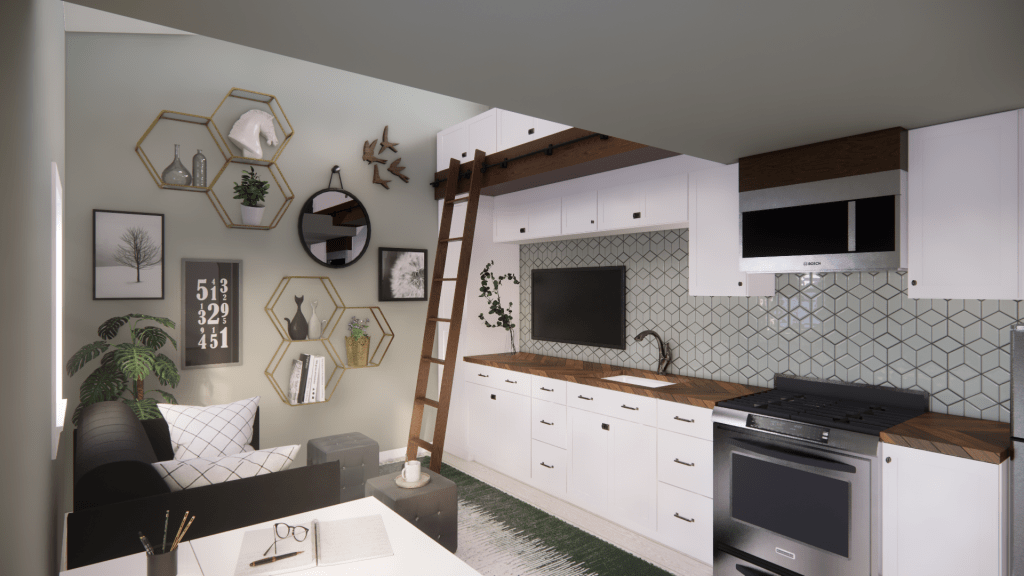 Tiny house interior with earthy green color palette, showcased through detailed 3D rendering services for living, dining, and kitchen spaces. Ideal for interior designers and architects seeking immersive visualizations.