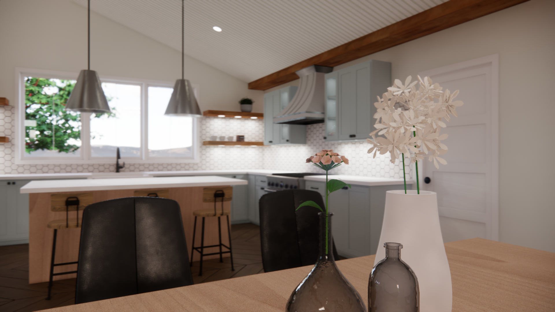 Vibrant kitchen scene featuring detailed 3D rendering with warm lighting, showcasing the artistry of design and space visualization for interior designers and architects